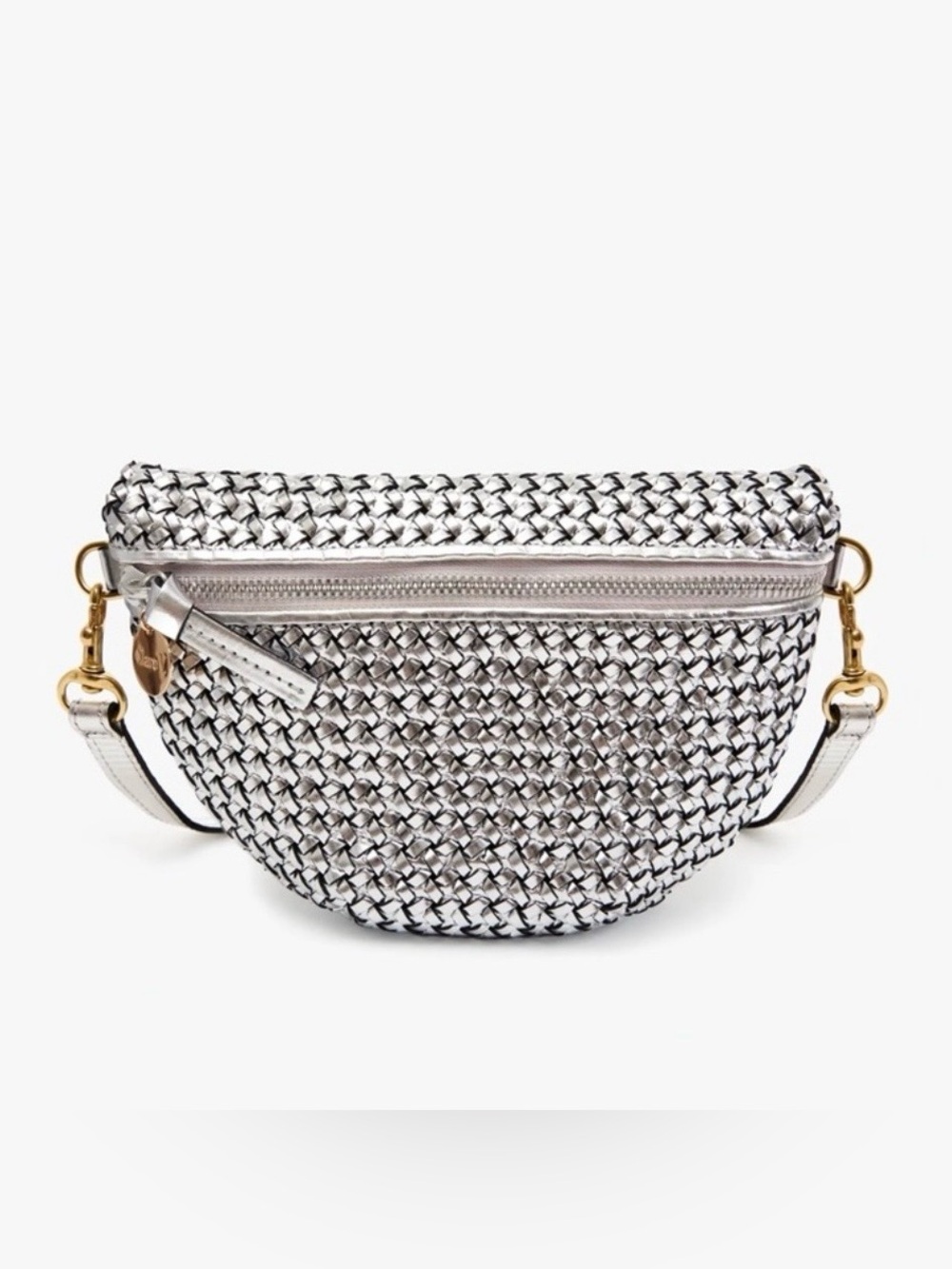 Clare V. Petite Woven Metallic Crossbody Belt Bag in Silver